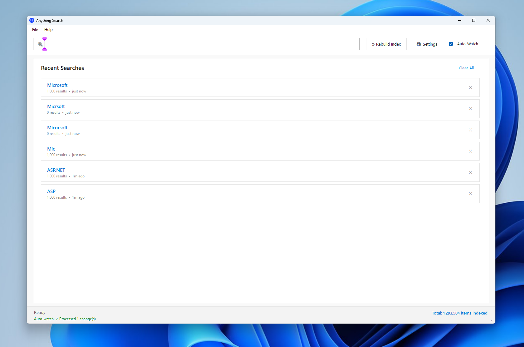 Recent searches panel