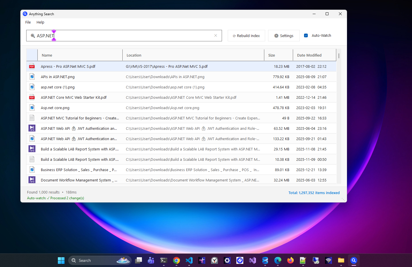 Anything Search - Main Interface showing instant file search results