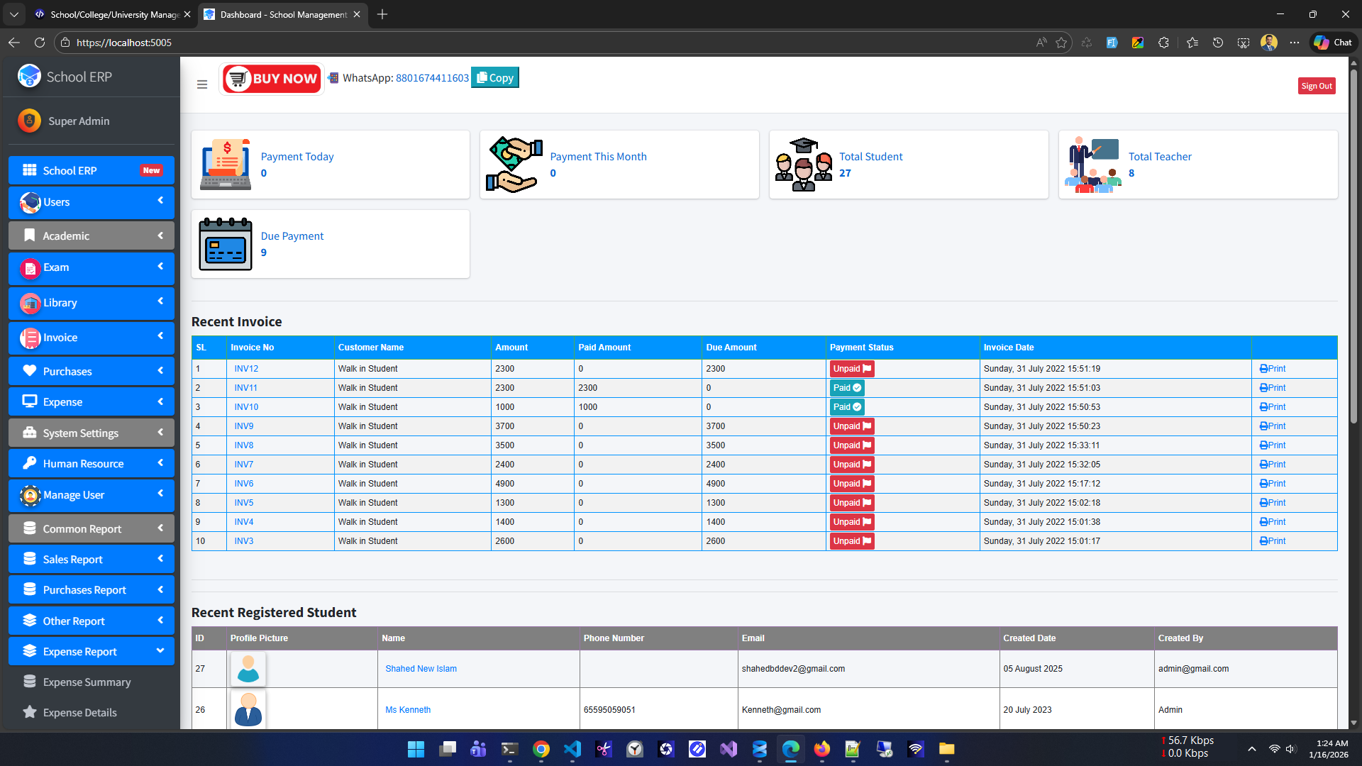 School Management ERP Dashboard